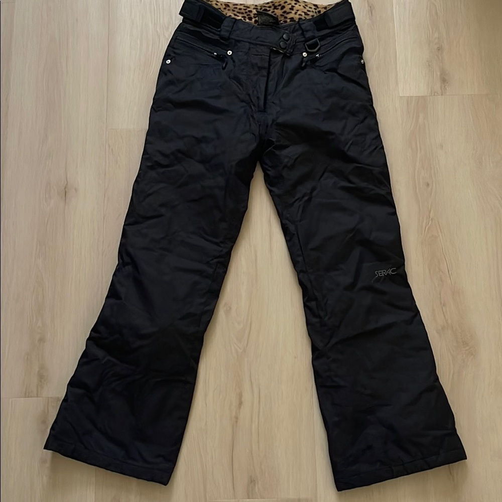 EUC Women size Large Black Snow Pants with Leopard Print Trim good condition